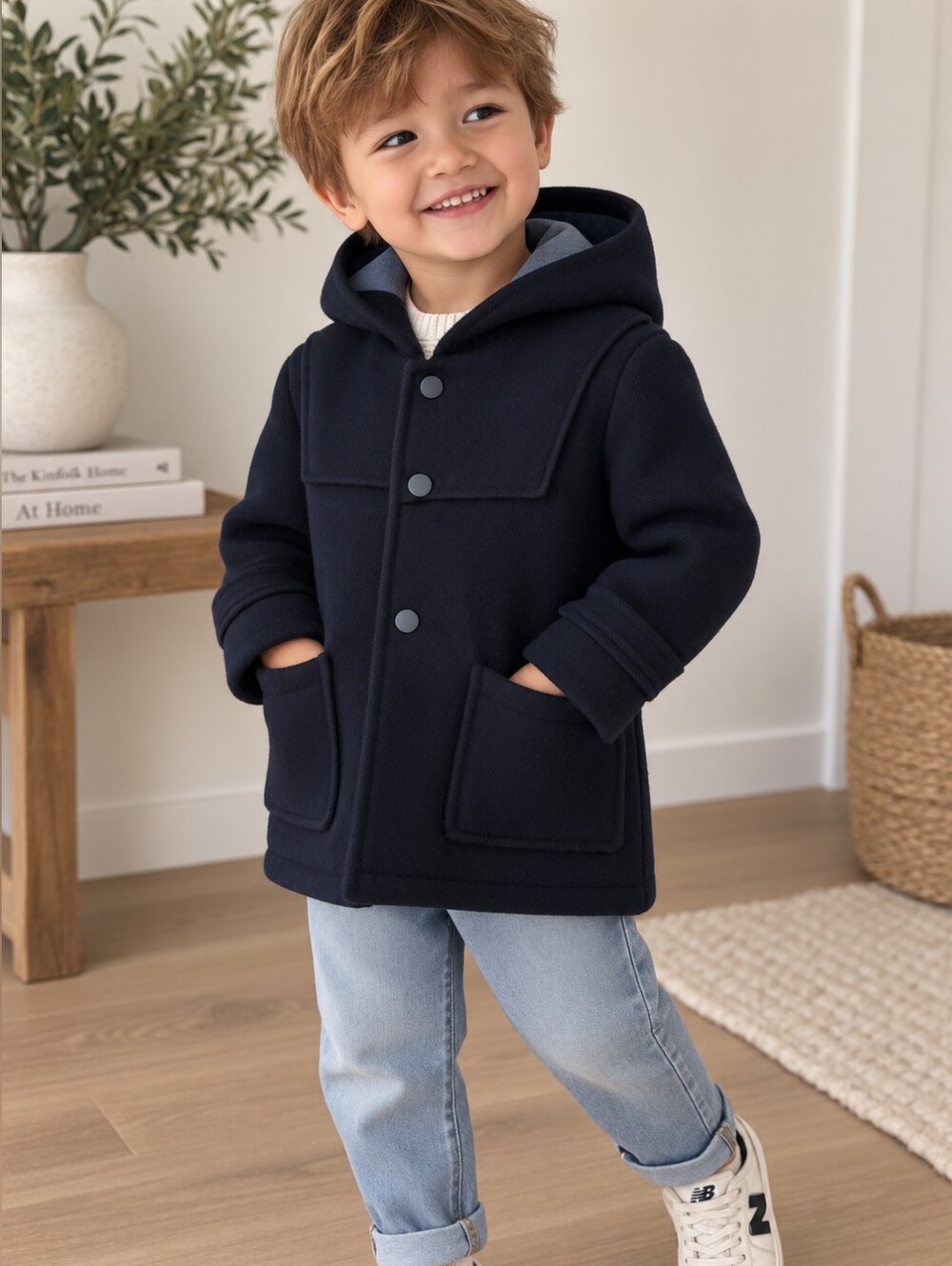 Zara Navy Kids Hooded Pea Coat with Blue Lining